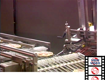 Side Seal Shrink Wrap of Pizza with Receptor Card Placing and Positioning Infeed on Wrapper Line video